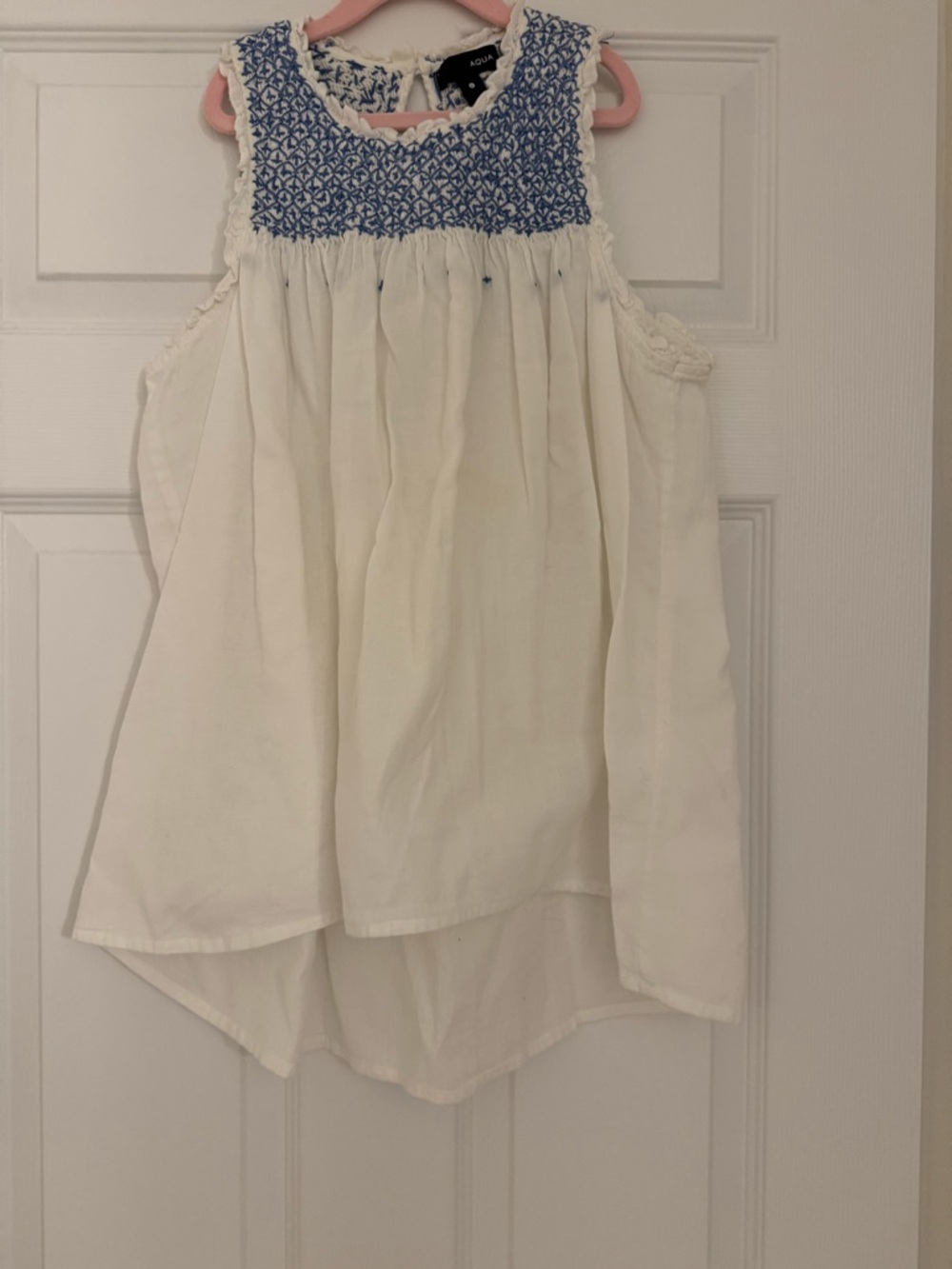 Aqua White Blue Embroidered Boho Sleeveless Top Size L